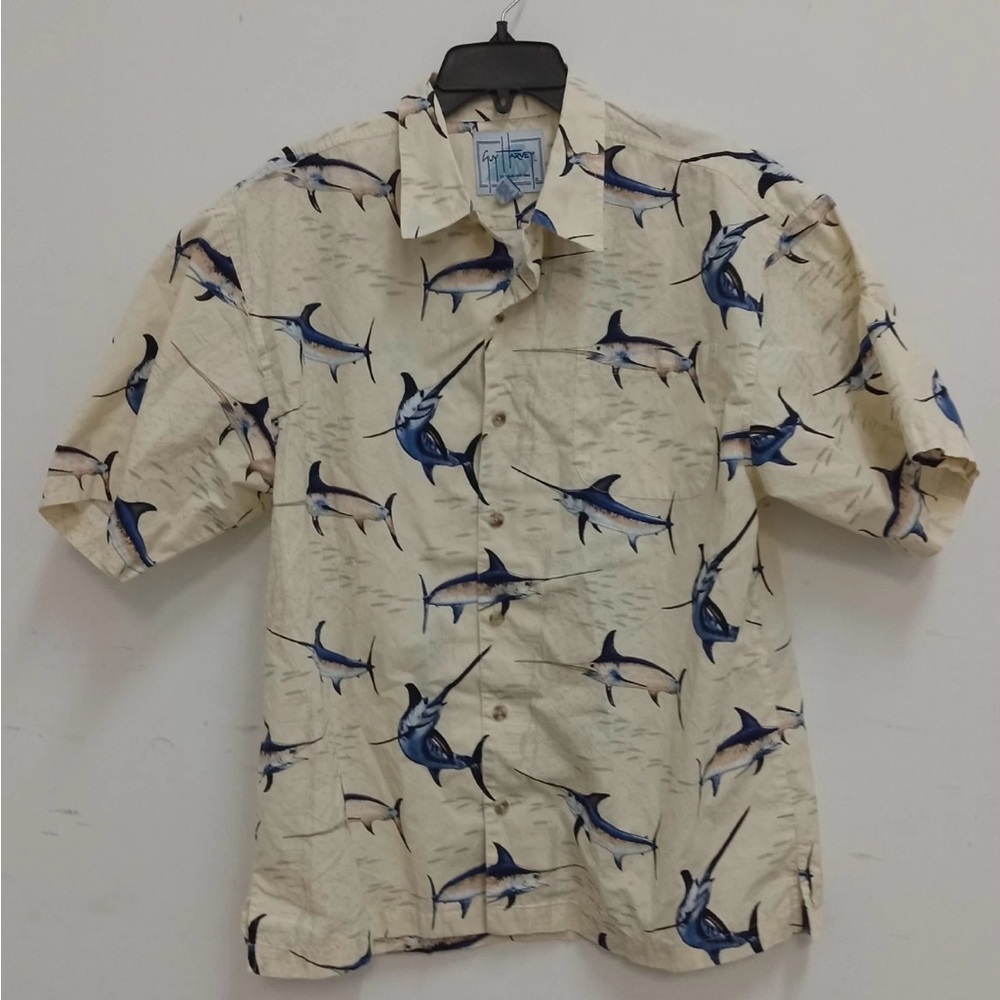 Guy Harvey Beige and Navy Marlin Print Shirt